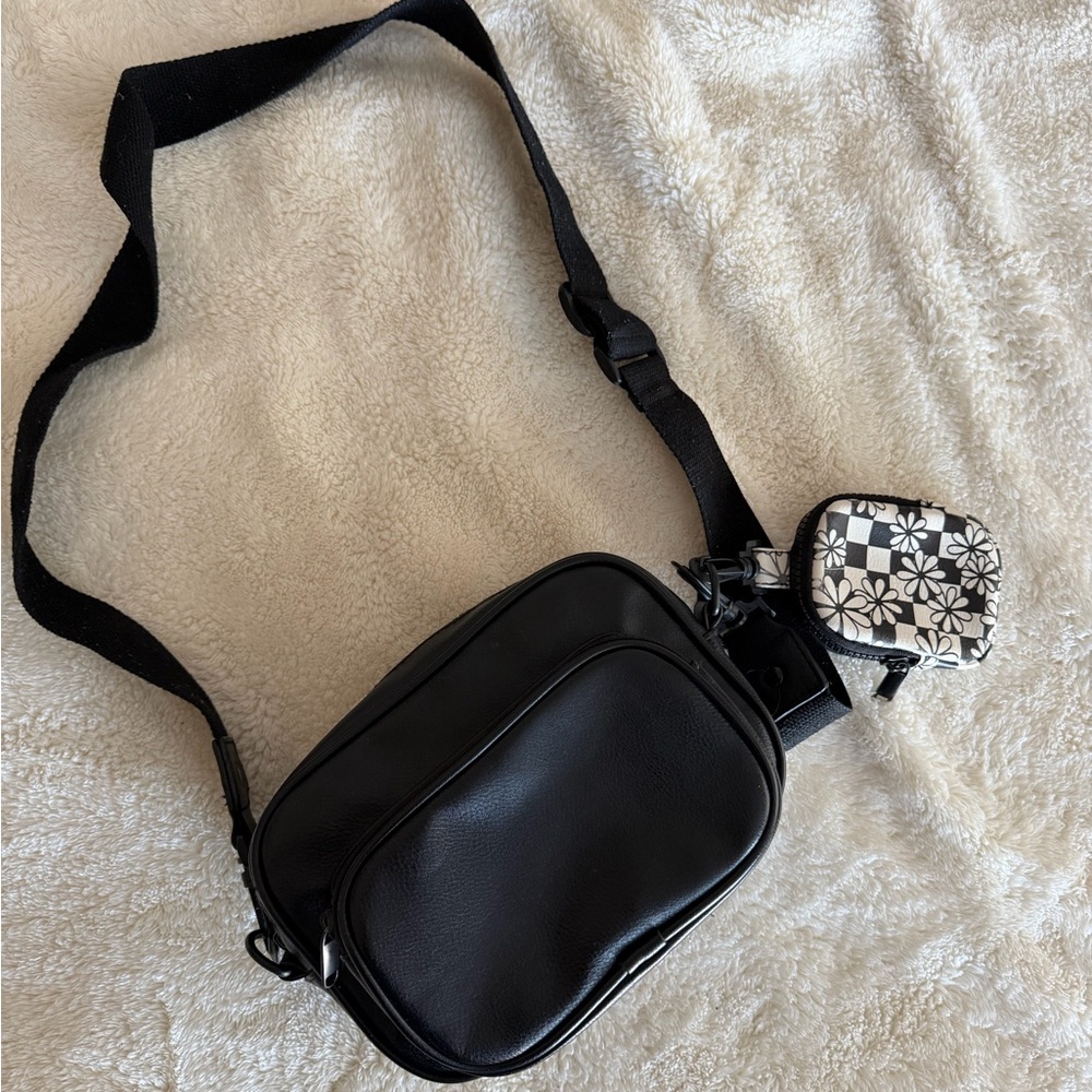 Black Crossbody Bag with Floral Pouch